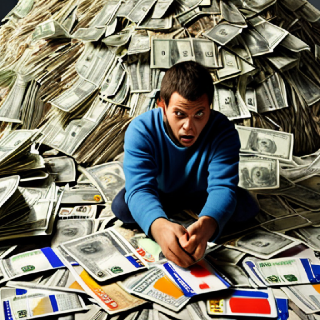 ** A person overwhelmed by a mountain of debt, symbolized by credit cards and bills. Focus on the feeling of being trapped and the initial step of listing all debts.

**