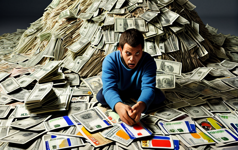 ** A person overwhelmed by a mountain of debt, symbolized by credit cards and bills. Focus on the feeling of being trapped and the initial step of listing all debts.
**