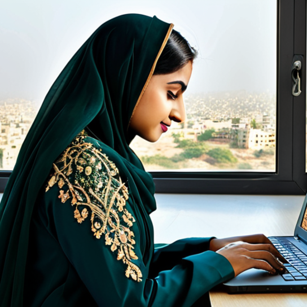 **
"A successful Pakistani businesswoman, fully clothed in a stylish Shalwar Kameez with intricate embroidery, working on a laptop in a modern, sunlit office overlooking a cityscape of Karachi, safe for work, appropriate content, perfect anatomy, natural pose, professional attire, modest, family-friendly, professional photography, high quality."
**