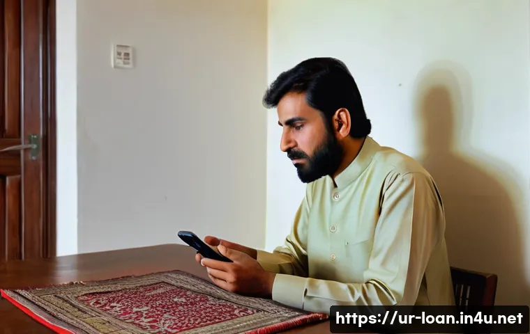 대출 상환 연체 시 벌금 - **Prompt:** A Pakistani man in his late 30s, dressed in a simple shalwar kameez, sits at a small woo...