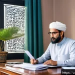 Home 19 캐피탈 대출 상환 연장 - A professional Urdu-speaking man in his early 40s sitting at a traditional wooden desk cluttered wit...