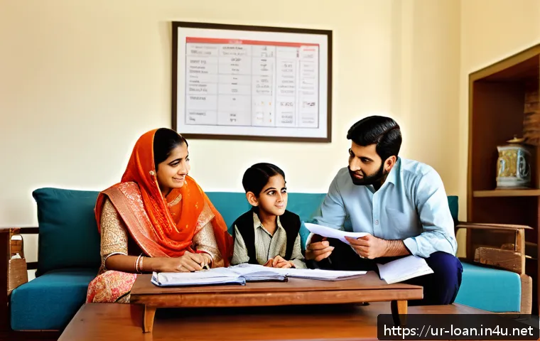 전세자금대출 금리 비교표 - A detailed scene of a South Asian middle-class family in a modest living room, discussing loan optio...