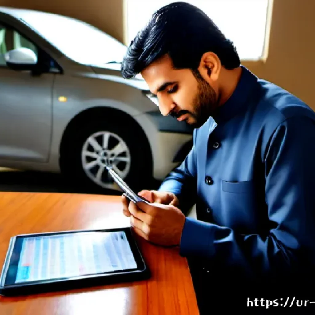리스 차량 잔존가치 계산 - Photorealistic Pakistani auto leasing office, a well-dressed Urdu-speaking businessman in a modest s...