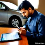 리스 차량 잔존가치 계산 - Photorealistic Pakistani auto leasing office, a well-dressed Urdu-speaking businessman in a modest s...