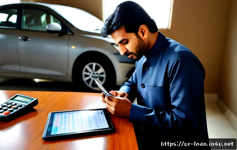 리스 차량 잔존가치 계산 - Photorealistic Pakistani auto leasing office, a well-dressed Urdu-speaking businessman in a modest s...