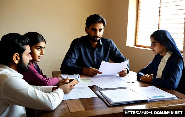 대출 신청서 작성 요령 - Photorealistic Pakistani family seated at a tidy home dining table, carefully organizing blank loan ...