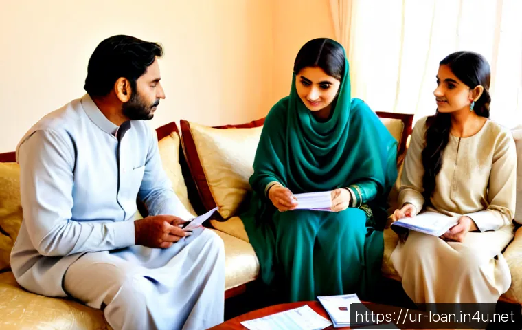 Home 17 캐피탈 대출 상환 방식 - Photorealistic Pakistani family in a bright, modest Lahore living room, a middle-aged man and woman ...